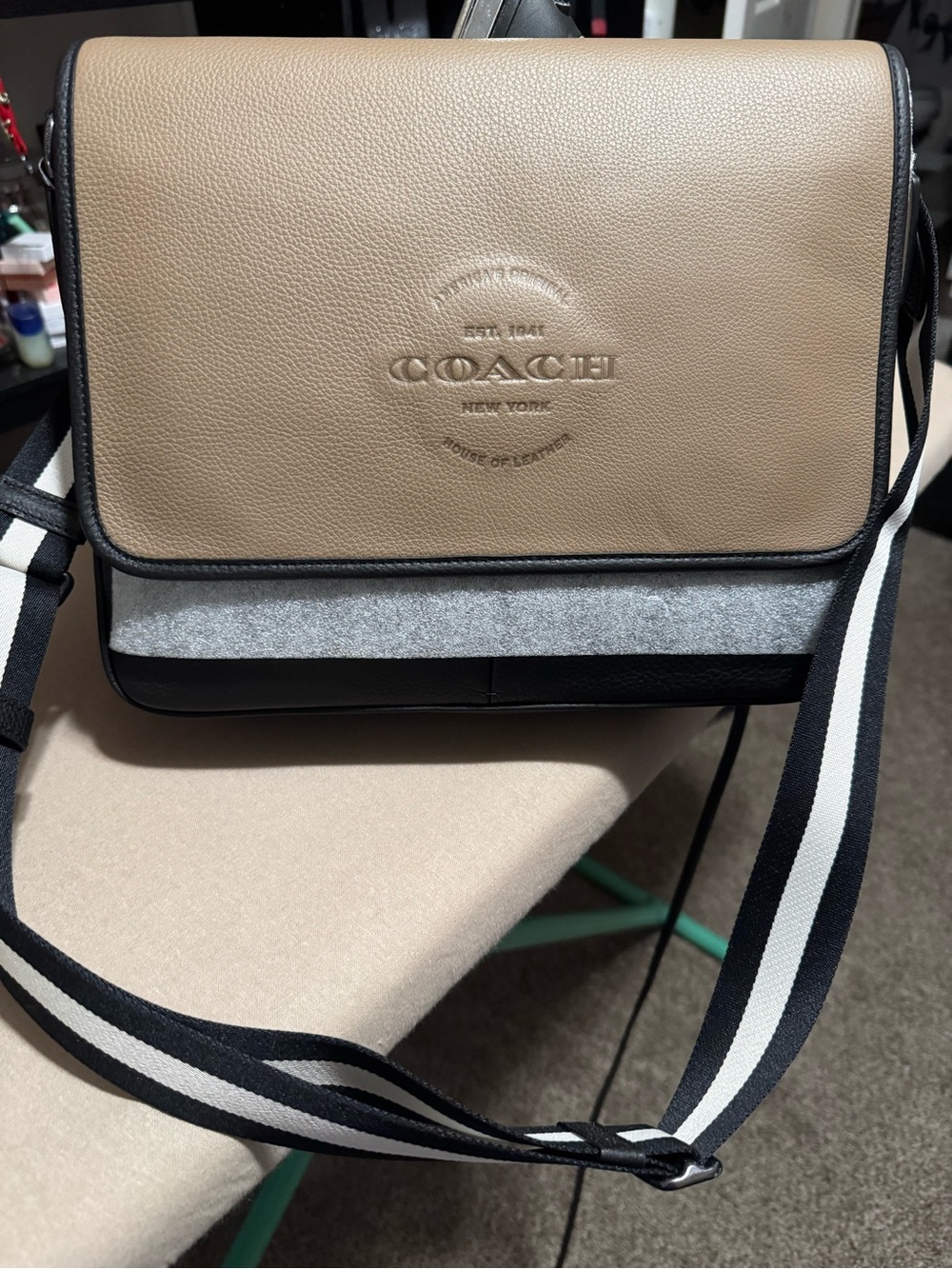 COACH Two-Tone Taupe and Black Leather Crossbody with Striped Strap